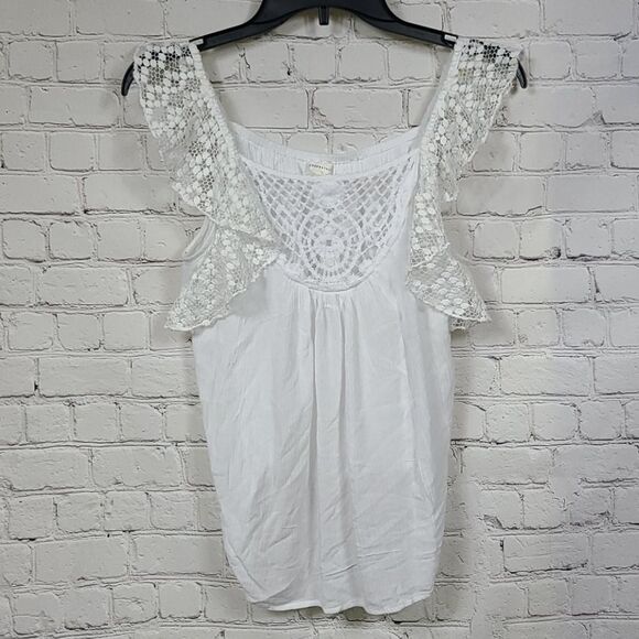 Aeropostale White Lace Flutter Sleeve Crepe Tank Tee Medium Knit Blouse Work - Picture 2 of 8